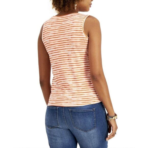 Style & Co Artistic Stripe Henley Top Medium Women's Coral White‎ Sleeveless NEW - Picture 7 of 7